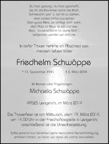 Todesanzeige von Friedhelm Schwöppe von Westfälische Nachrichten