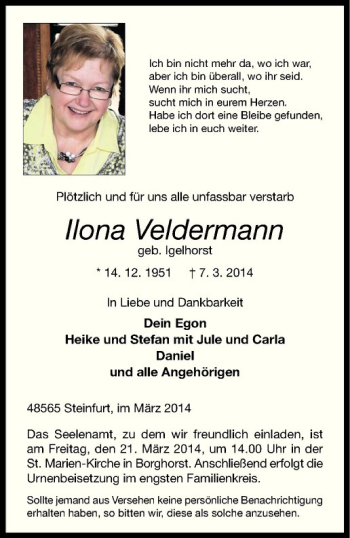 Todesanzeige von Ilona Veldermann von Westfälische Nachrichten