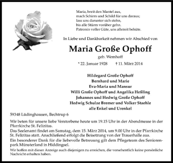 Todesanzeige von Maria Große Ophoff von Westfälische Nachrichten