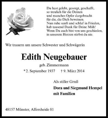 Todesanzeige von Edith Neugebauer von Westfälische Nachrichten