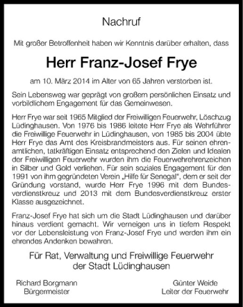 Todesanzeige von Franz-Josef Frye von Westfälische Nachrichten