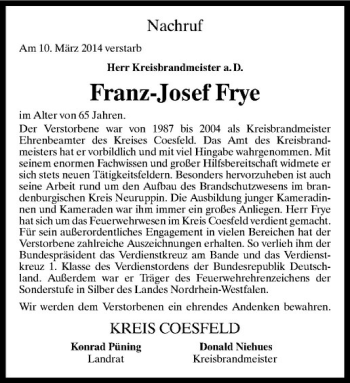 Todesanzeige von Franz-Josef Frye von Westfälische Nachrichten