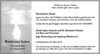 Todesanzeige von Waldtraut Sahre von Westfälische Nachrichten