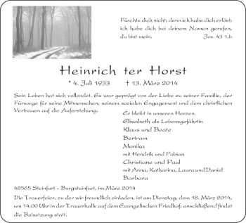 Todesanzeige von Heinrich ter Horst von Westfälische Nachrichten