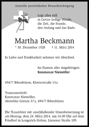 Todesanzeige von Martha Beckmann von Westfälische Nachrichten
