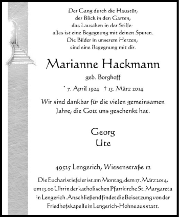 Todesanzeige von Marianne Hackmann von Westfälische Nachrichten