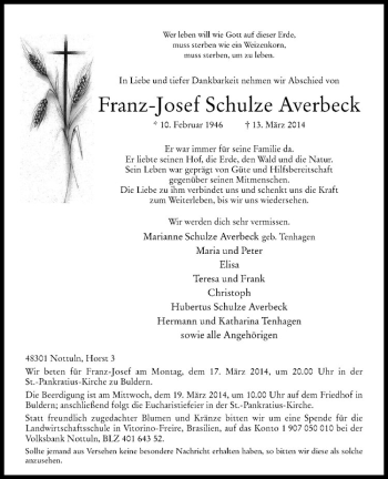 Todesanzeige von Franz-Josef Schulze Averbeck von Westfälische Nachrichten