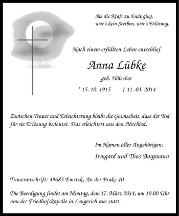 Todesanzeige von Anna Lübke von Westfälische Nachrichten