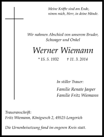Todesanzeige von Werner Wiemann von Westfälische Nachrichten