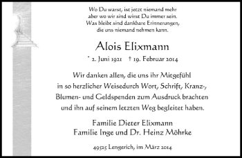 Todesanzeige von Alois Elixmann von Westfälische Nachrichten