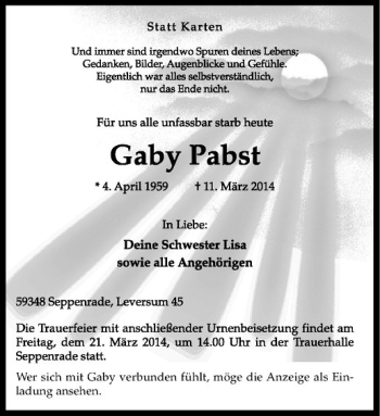 Todesanzeige von Gaby Pabst von Westfälische Nachrichten