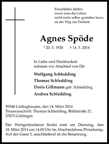 Todesanzeige von Agnes Spöde von Westfälische Nachrichten