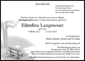 Todesanzeige von Eilerdina Langmesser von Westfälische Nachrichten