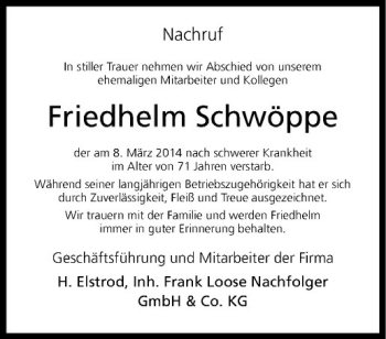 Todesanzeige von Friedhelm Schwöppe von Westfälische Nachrichten