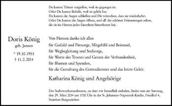 Todesanzeige von Doris König von Westfälische Nachrichten