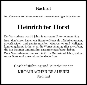 Todesanzeige von Heinrich ter Horst von Westfälische Nachrichten
