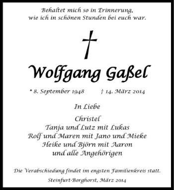 Todesanzeige von Wolfgang Gaßel von Westfälische Nachrichten