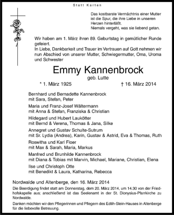 Todesanzeige von Emmy Kannenbrock von Westfälische Nachrichten