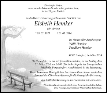 Todesanzeige von Elsbeth Hemker von Westfälische Nachrichten
