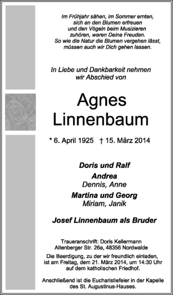 Todesanzeige von Agnes Linnenbaum von Westfälische Nachrichten