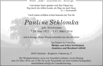 Todesanzeige von Pauline Schlomka von Westfälische Nachrichten