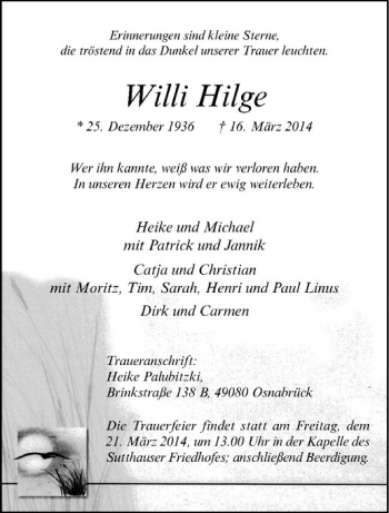 Todesanzeige von Willi Hilge von Westfälische Nachrichten