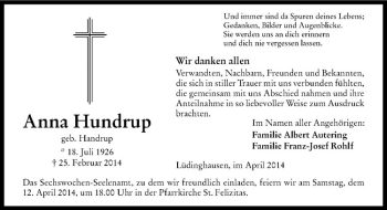 Todesanzeige von Anna Hundrup von Westfälische Nachrichten