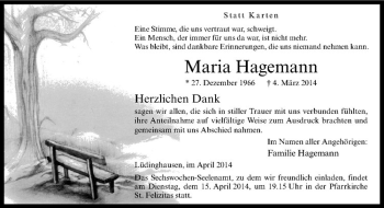 Todesanzeige von Maria Hagemann von Westfälische Nachrichten