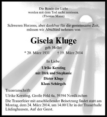 Todesanzeige von Gisela Kluge von Westfälische Nachrichten