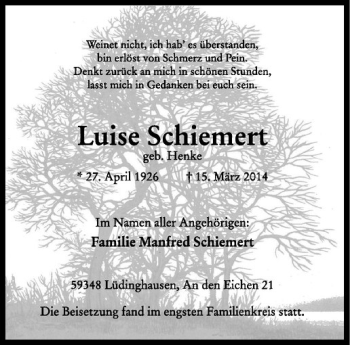 Todesanzeige von Luise Schiemert von Westfälische Nachrichten