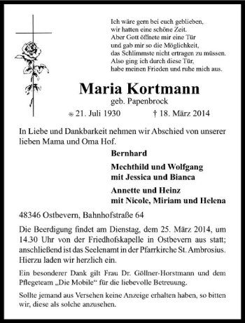 Todesanzeige von Maria Kortmann von Westfälische Nachrichten