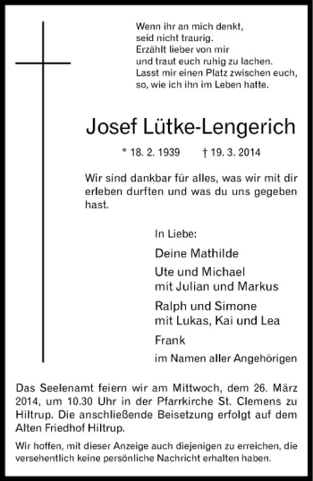 Todesanzeige von Josef Lütke-Lengerich von Westfälische Nachrichten