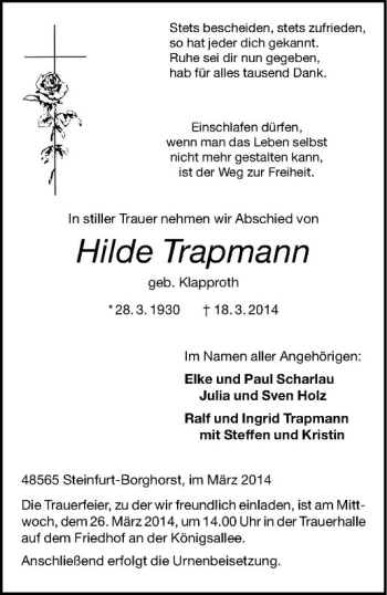 Todesanzeige von Hilde Trapmann von Westfälische Nachrichten