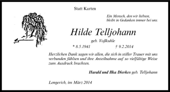 Todesanzeige von Hilde Telljohann von Westfälische Nachrichten