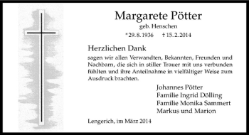 Todesanzeige von Margarete Pötter von Westfälische Nachrichten