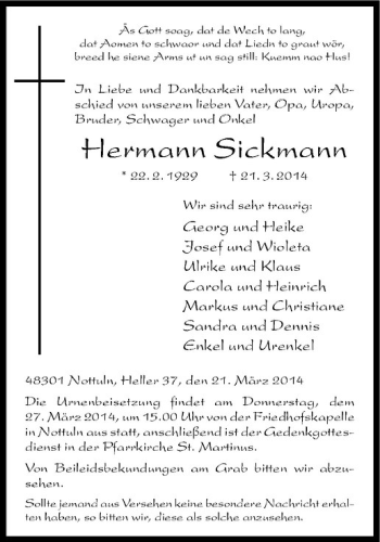 Todesanzeige von Hermann Sickmann von Westfälische Nachrichten