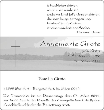 Todesanzeige von Annemarie Grote von Westfälische Nachrichten