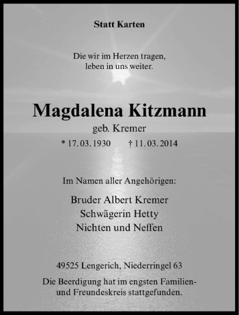 Todesanzeige von Magdalena Kitzmann von Westfälische Nachrichten