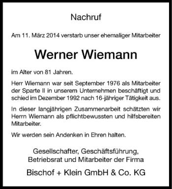 Todesanzeige von Werner Wiemann von Westfälische Nachrichten