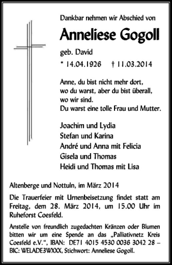 Todesanzeige von Anneliese Gogoll von Westfälische Nachrichten