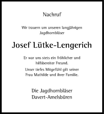 Todesanzeige von Josef Lütke-Lengerich von Westfälische Nachrichten