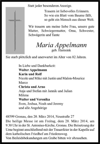Todesanzeige von Maria Appelmann von Westfälische Nachrichten