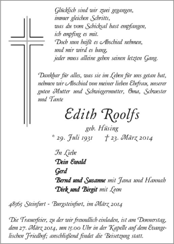 Todesanzeige von Edith Roolfs von Westfälische Nachrichten