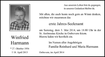 Todesanzeige von Winfried Harmann von Westfälische Nachrichten