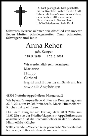 Todesanzeige von Anna Reher von Westfälische Nachrichten