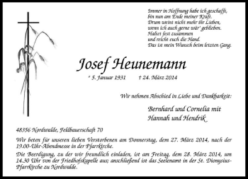 Todesanzeige von Josef Heunemann von Westfälische Nachrichten