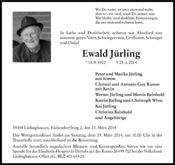 Todesanzeige von Ewald Jürling von Westfälische Nachrichten