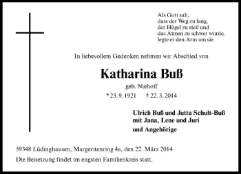 Todesanzeige von Katharina Buß von Westfälische Nachrichten