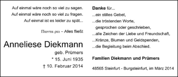 Todesanzeige von Anneliese Diekmann von Westfälische Nachrichten