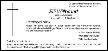 Todesanzeige von Elli Willbrand von Westfälische Nachrichten